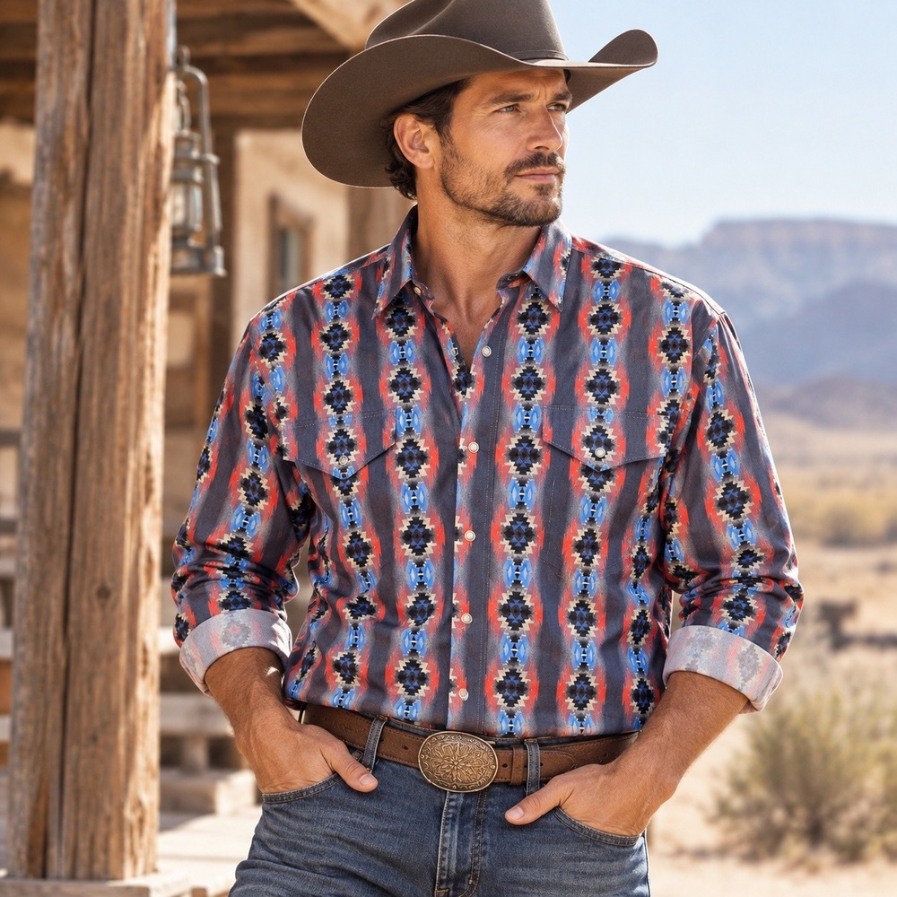 Wrangler Checotah Shirt Men L Western Aztec Pearl Snap Cowboy Rodeo Festival